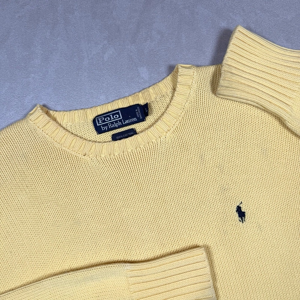 Vintage Polo Ralph Lauren Sweater Men's L Yellow Cotton Knit Crewneck Pony Logo